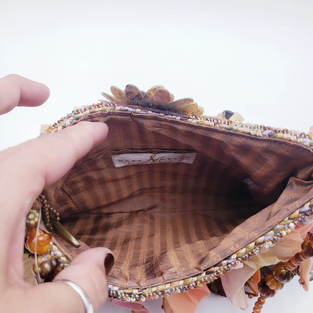 Mary Frances Beaded Tulle Ruffle Wicker Shoulder Bag‎ Mother of Pearl Earthtones